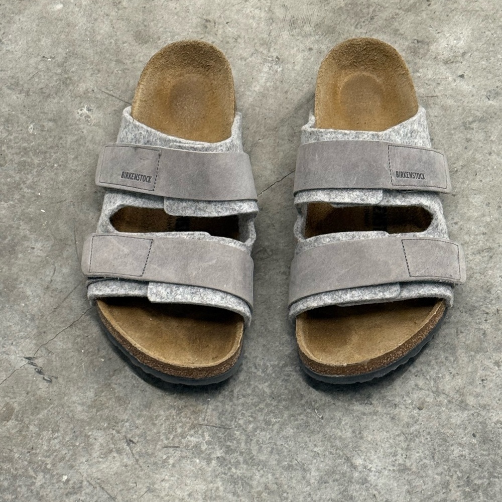 Birkenstock Light Gray Suede Two-Strap Slide Sandals - Picture 3 of 6